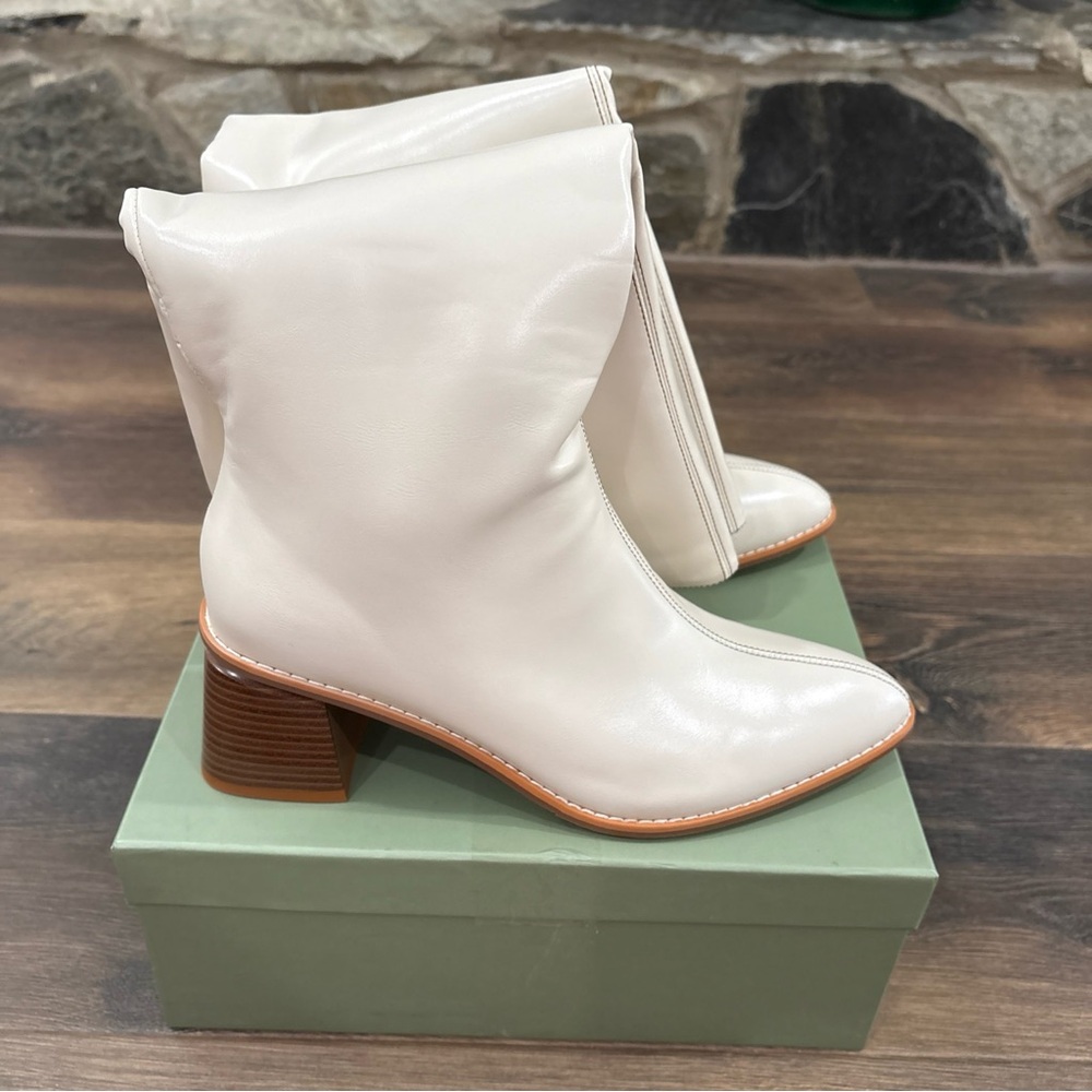 Women's Cream Knee-High Leather Boots - Classic Block Heel - Picture 5 of 11